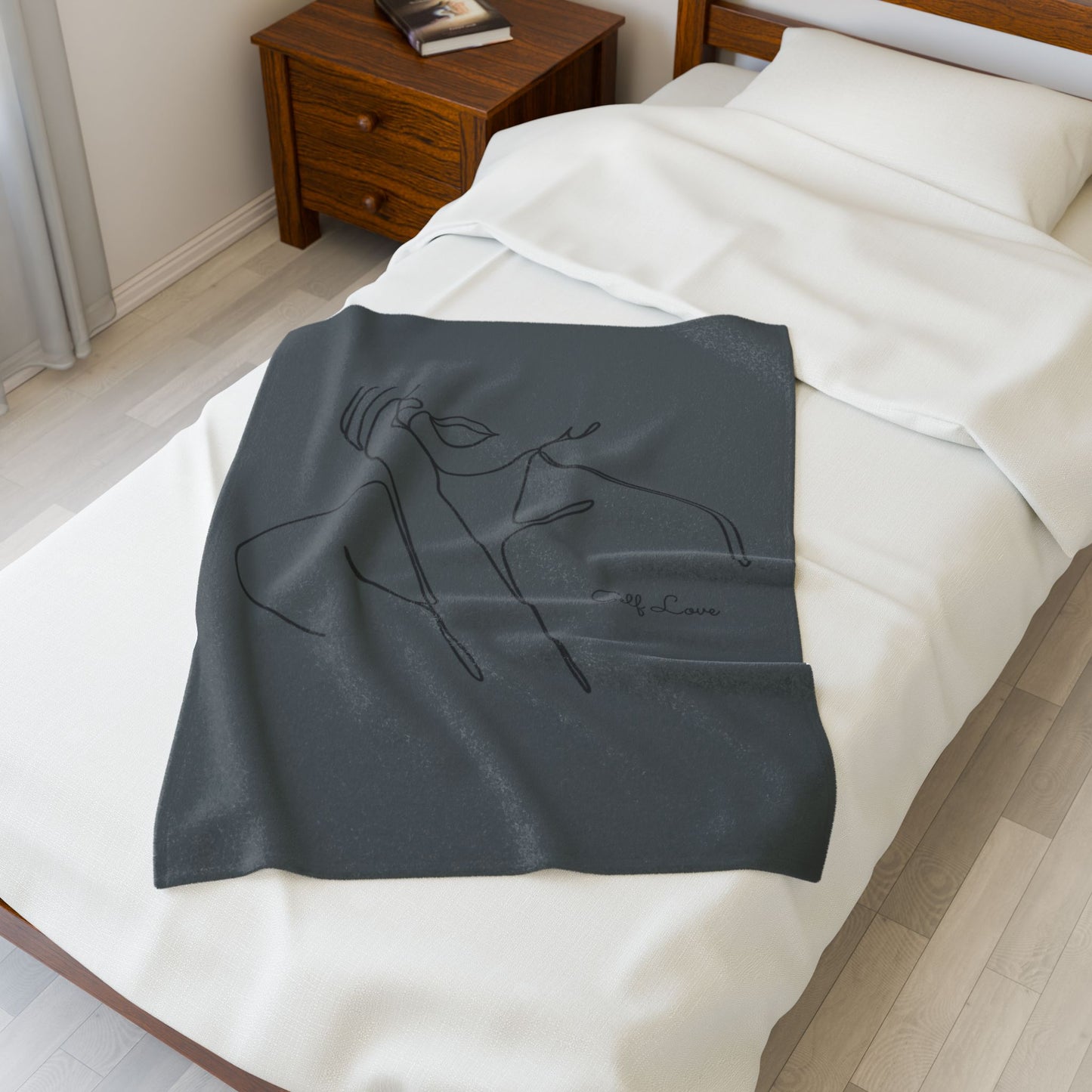Minimal Line Art Velvet Plush Blanket — "Self Love" Cozy Throw