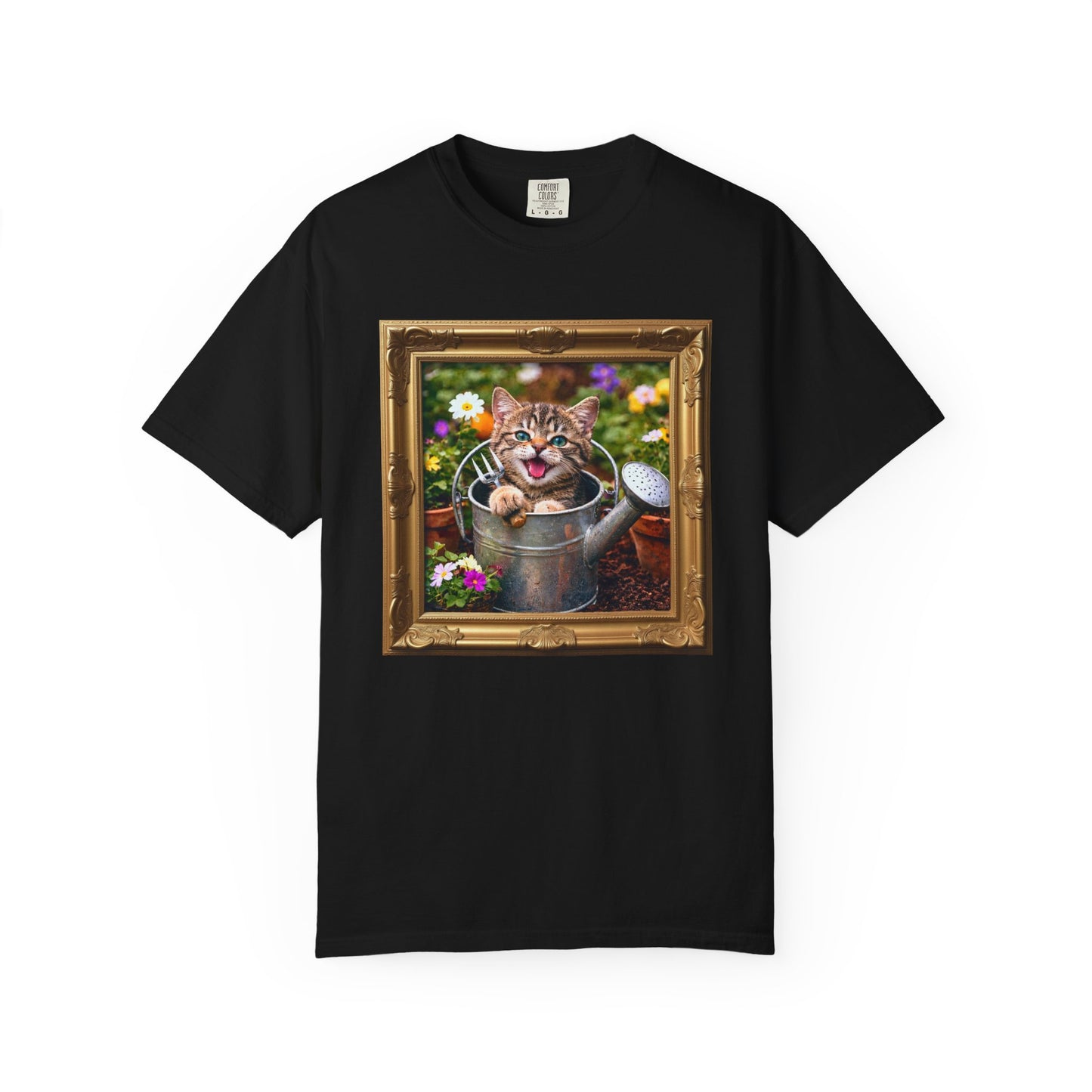 Framed Garden Cat in Watering Can Graphic T-Shirt