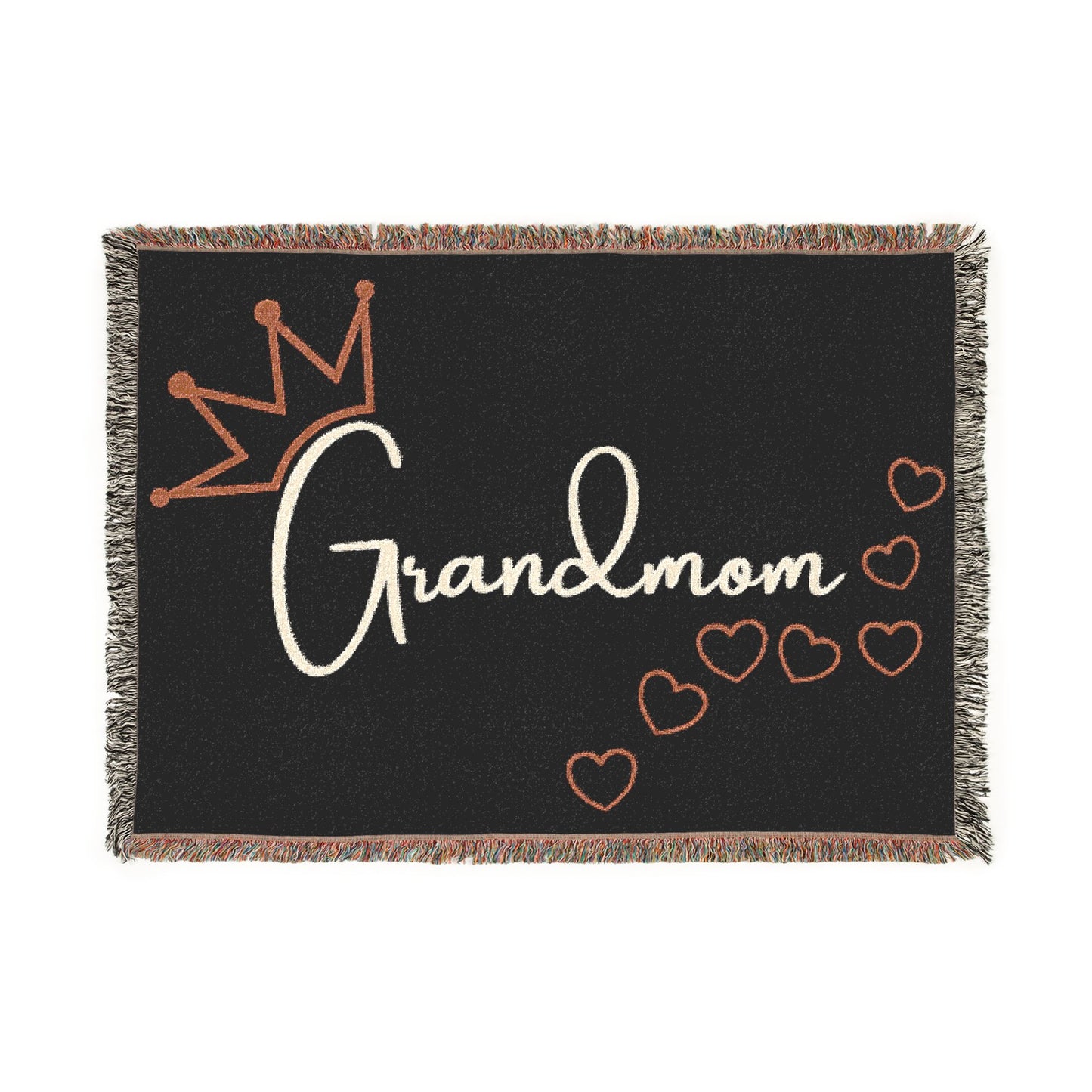 Blanket with 'Grandmom' text, crown, and hearts on a black background