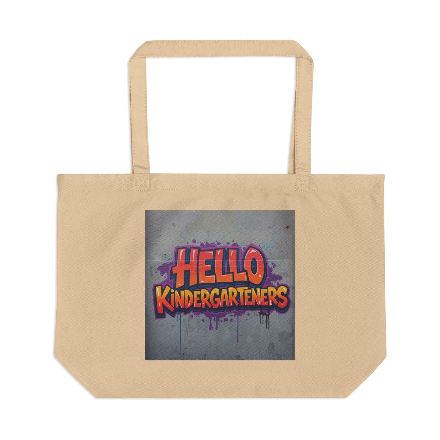 Beige tote bag with 'Hello Kindergarteners' text on a gray background