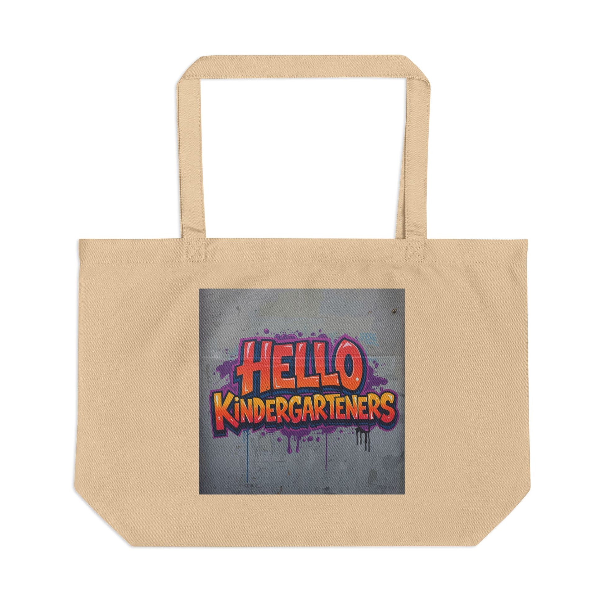 Beige tote bag with 'Hello Kindergarteners' text on a gray background