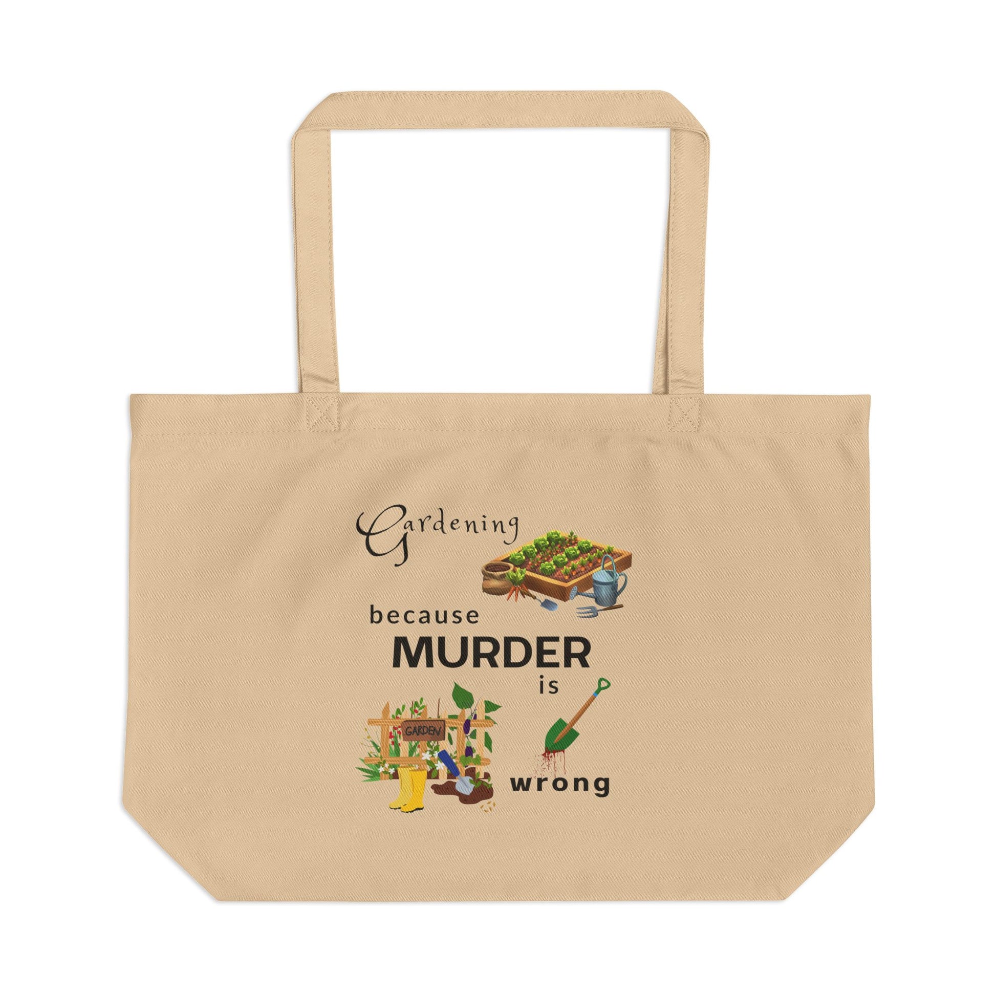 Beige tote bag with gardening-themed text and illustrations on a white background