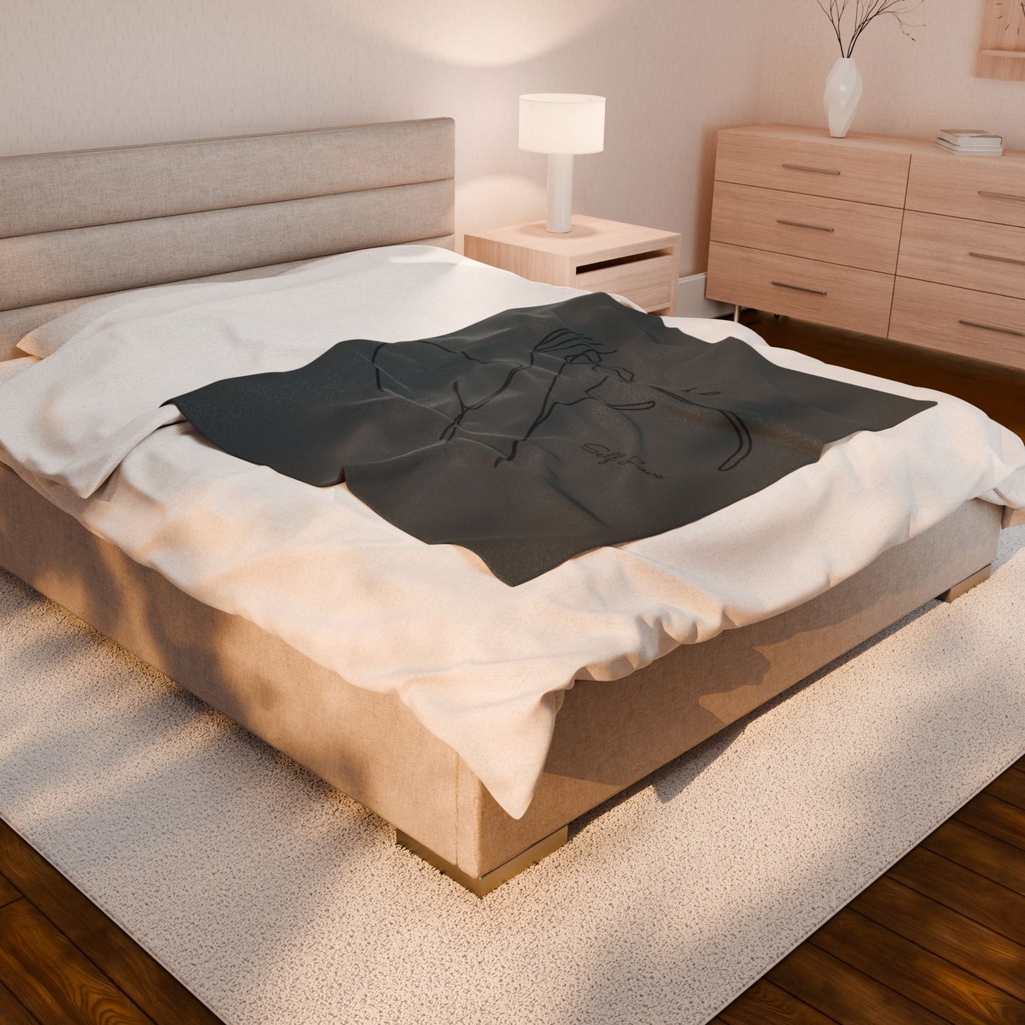 Minimal Line Art Velvet Plush Blanket — "Self Love" Cozy Throw
