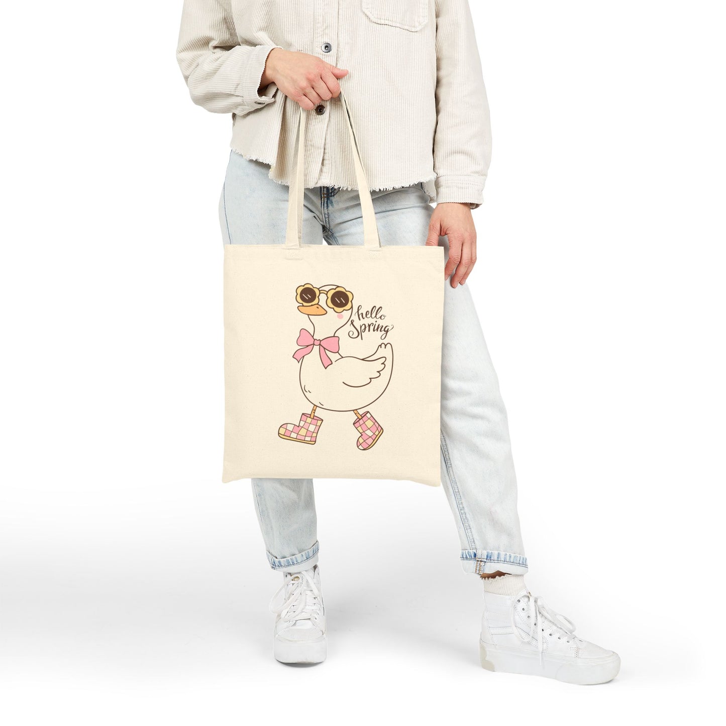 'Hello Spring' Duck in Rain Boots Canvas Tote