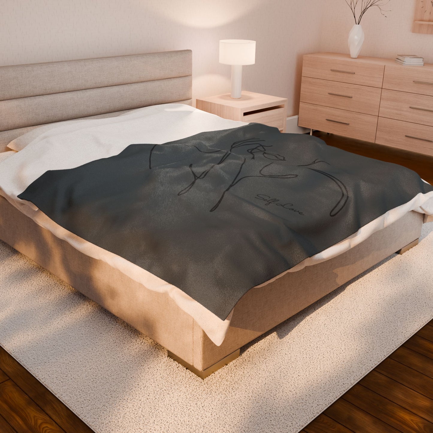 Minimal Line Art Velvet Plush Blanket — "Self Love" Cozy Throw