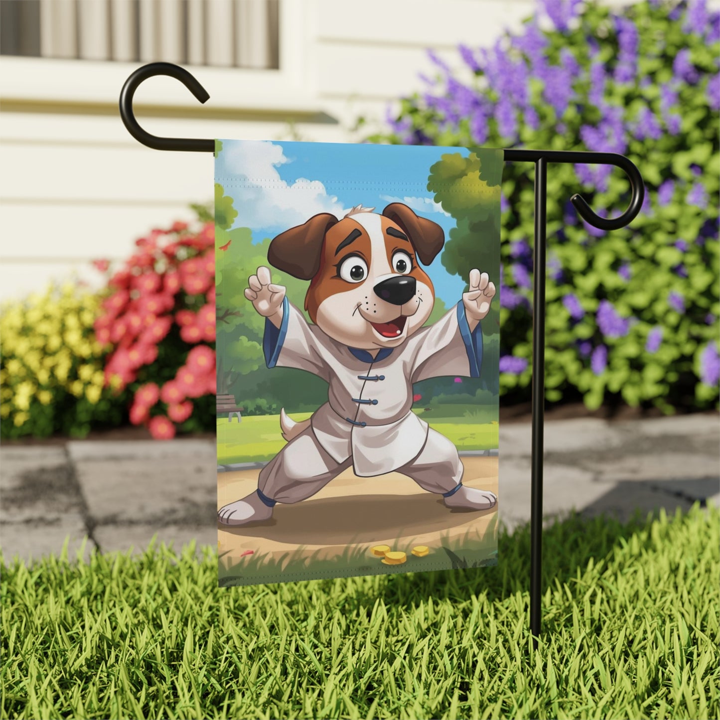 Garden flag with a cartoon dog character on a stand in front of flowers