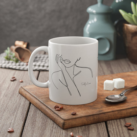 Minimal Line Art Woman Ceramic Mug — Feminine Self-Love Coffee Cup, 11oz