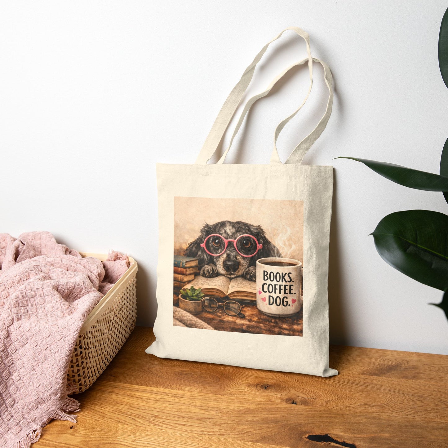 "Books. Coffee. Dog." Canvas Book Lover Tote