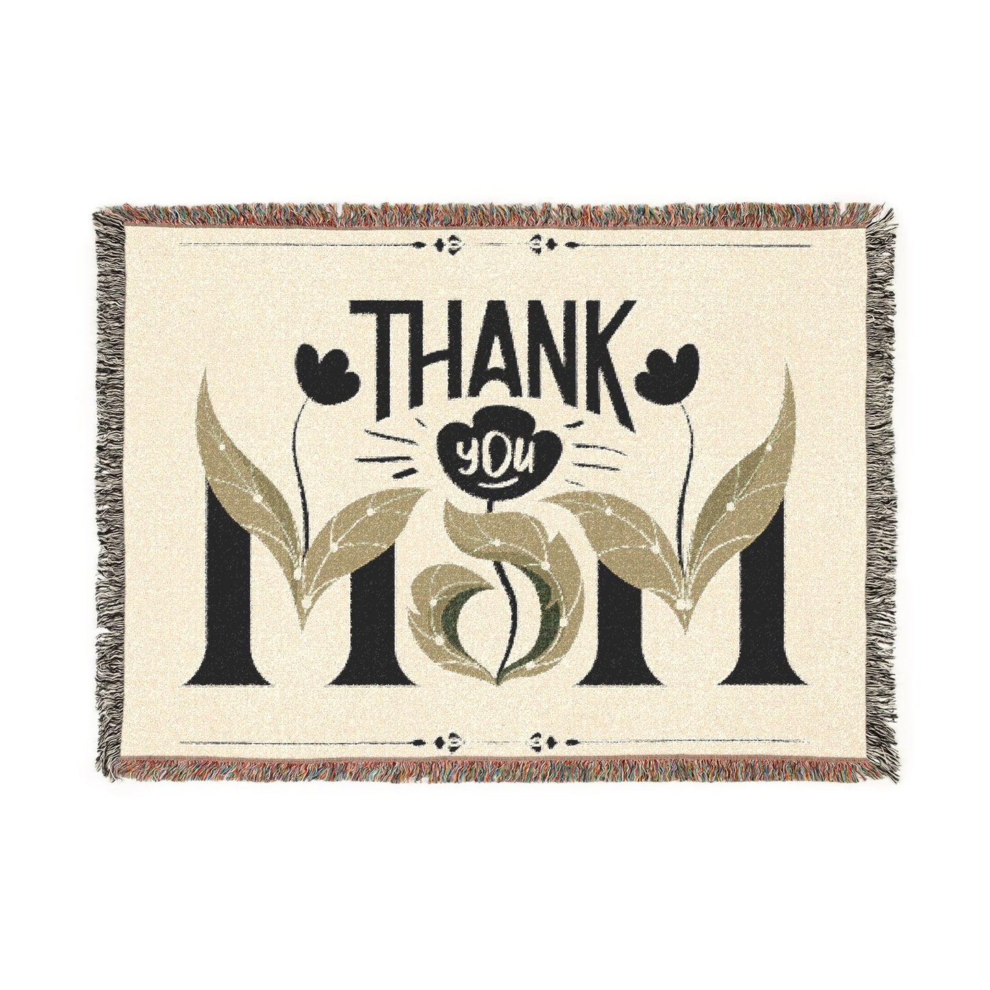 Blanket with 'Thank you Mom' text and floral design on a white background