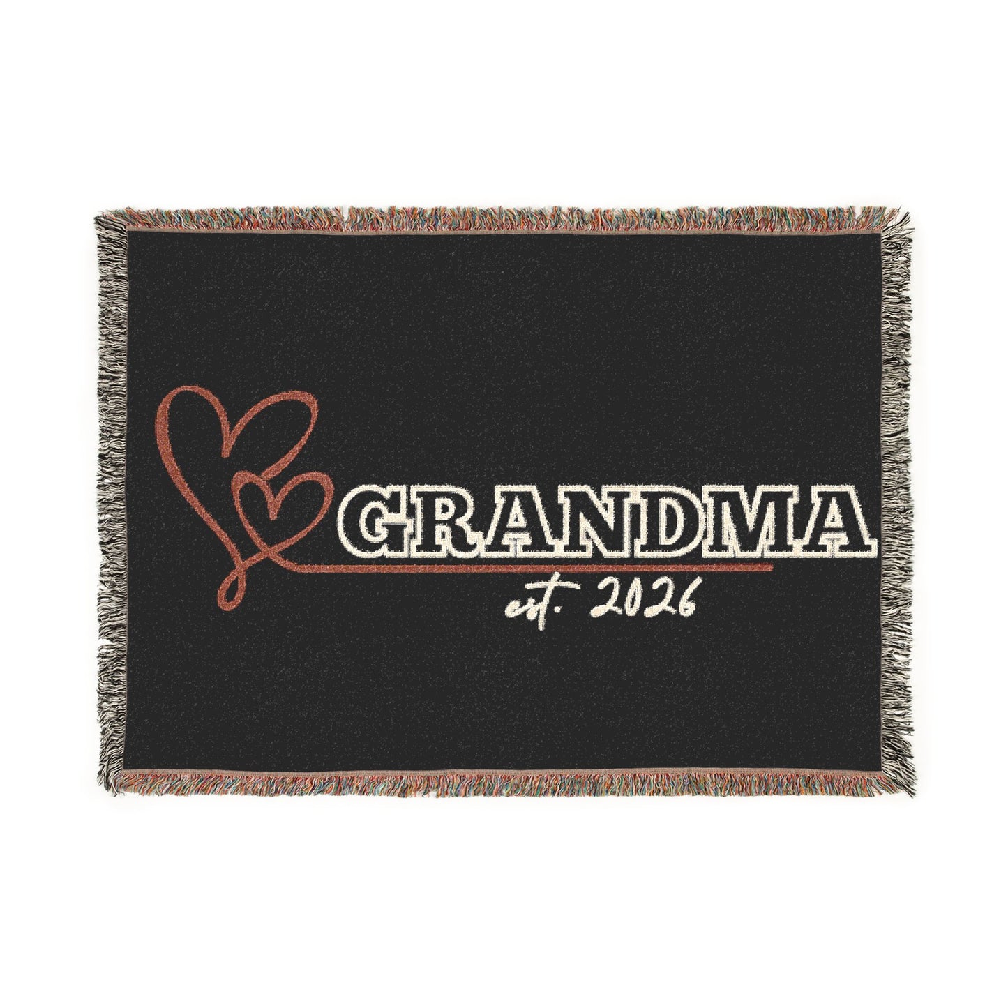 Black blanket with 'GRANDMA est 2026' text and heart design on a white background