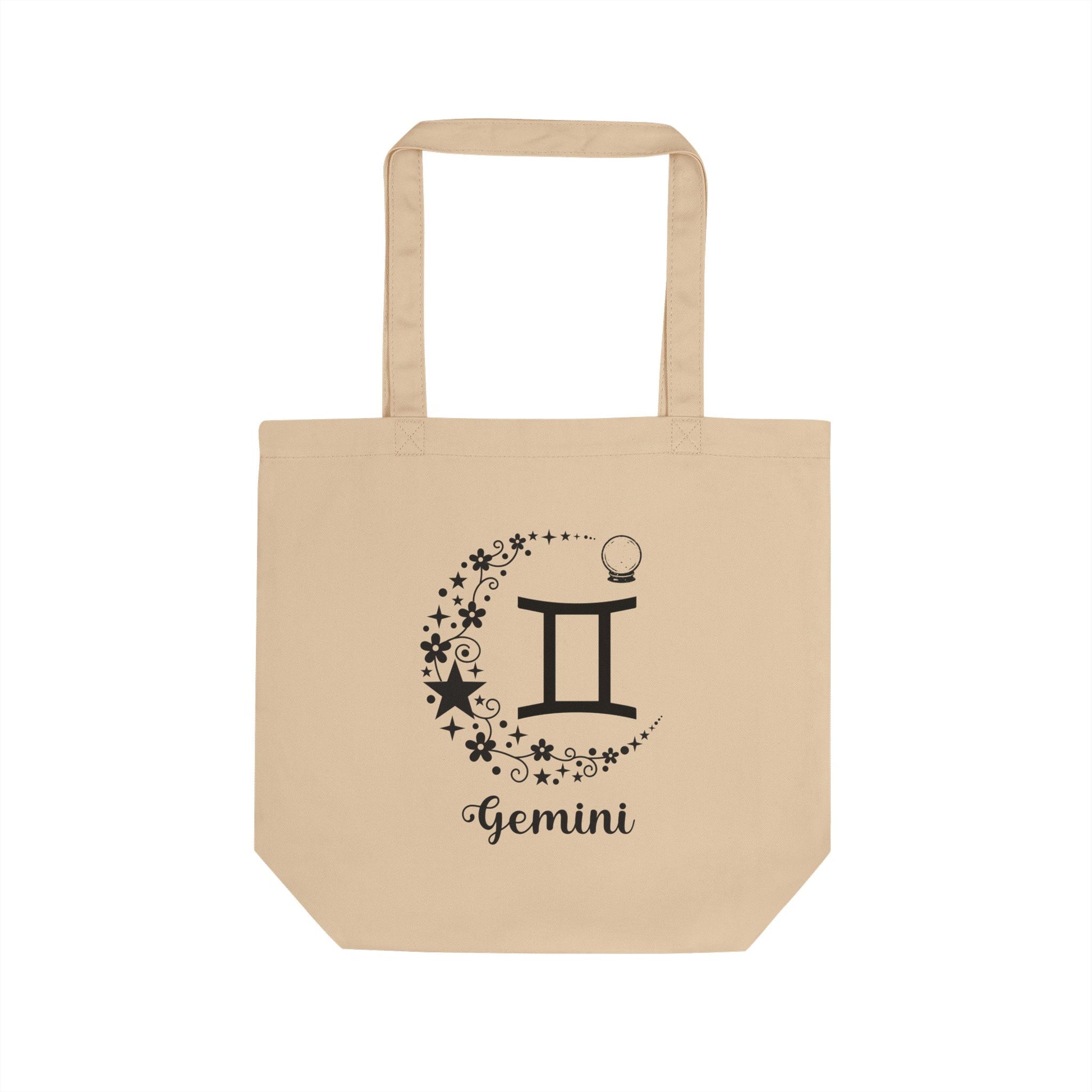 Beige tote bag with Gemini zodiac sign design on a white background