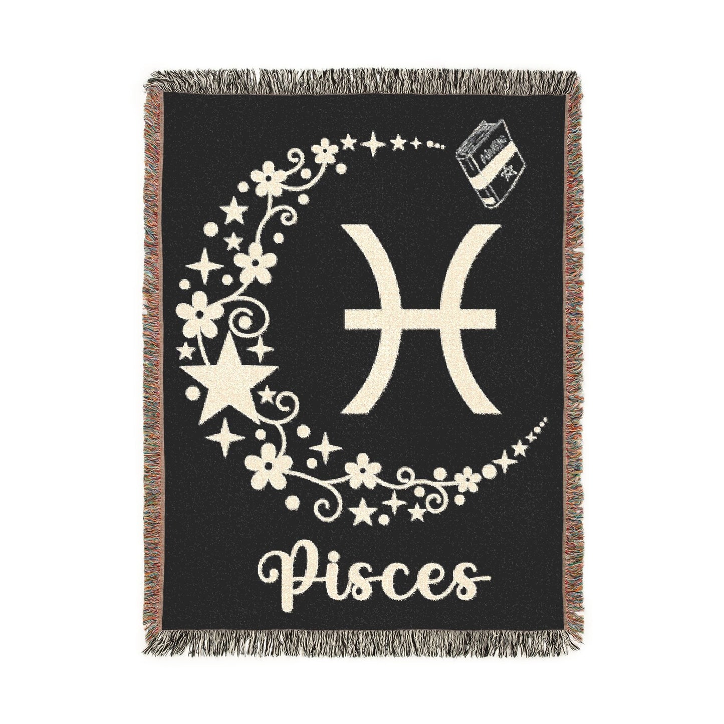 Pisces zodiac symbol on a decorative blanket with flowers and stars