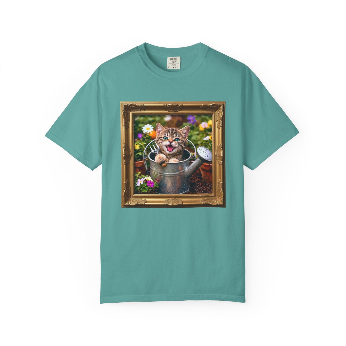 Framed Garden Cat in Watering Can Graphic T-Shirt