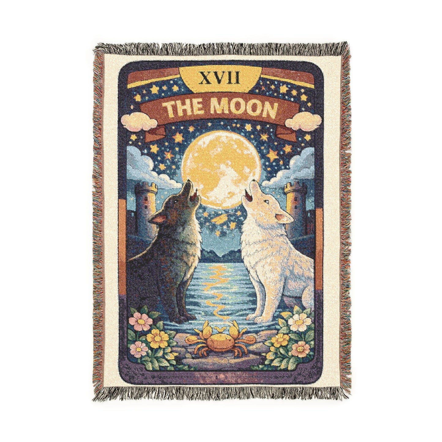 The Moon Tarot Card (Wolves) Woven Blanket/Throw