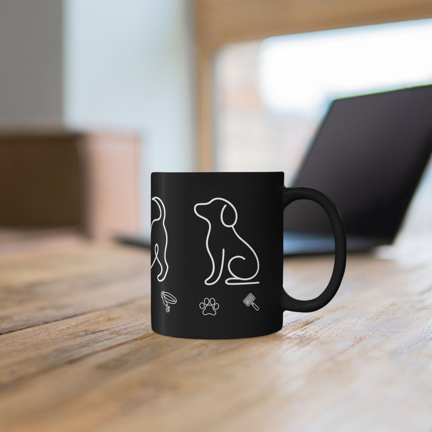 Black Dog Paw Print Mug — Neon Outline Pet Lover Coffee Cup (11oz, 15oz)