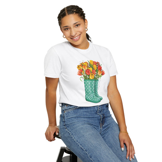 Tulip Rainboot Floral T‑Shirt — Spring Garden Bouquet T-Shirt