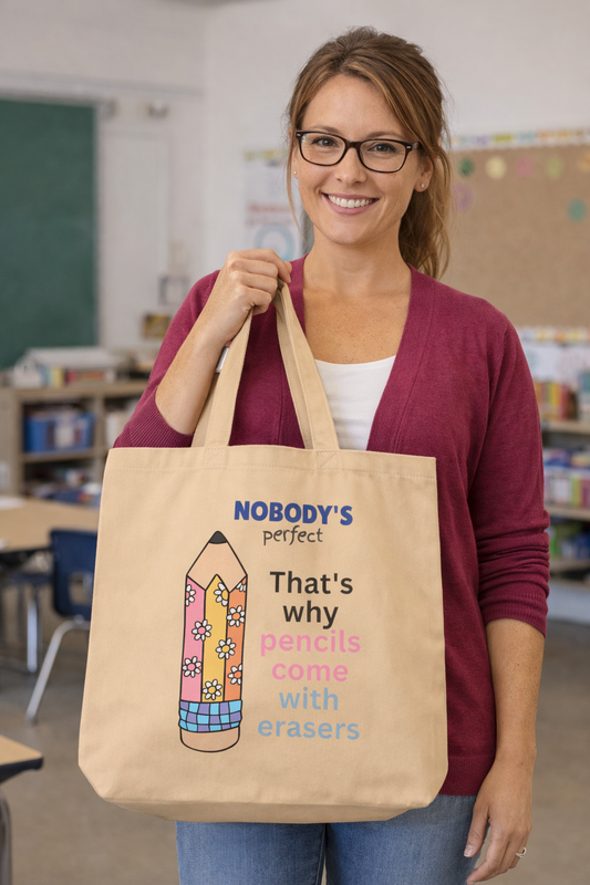 Canvas Tote — “Nobody’s Perfect” Pencil & Eraser Design, Teacher Gift