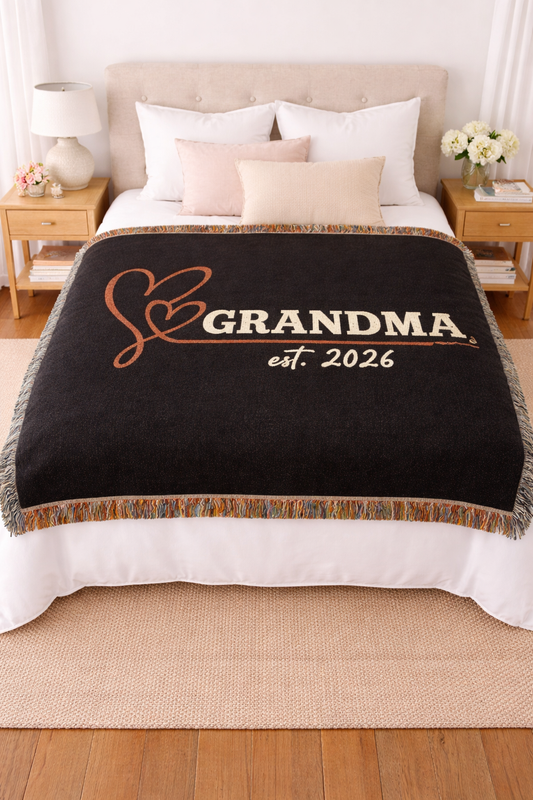 Grandma Est. 2026 BLACK Woven Blanket | New Grandmom Gift