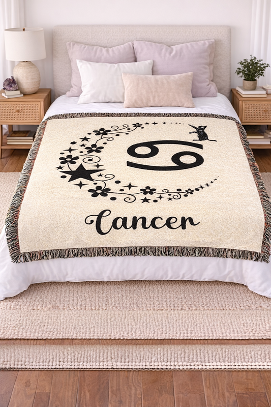 Cancer Zodiac Woven Blanket/Throw with Cat & Stars