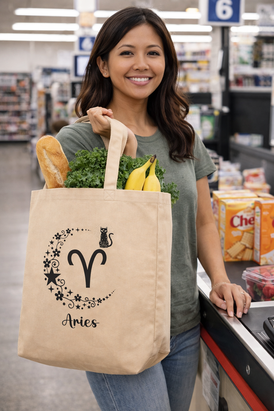 Aries Zodiac Eco Tote Bag w/Cat